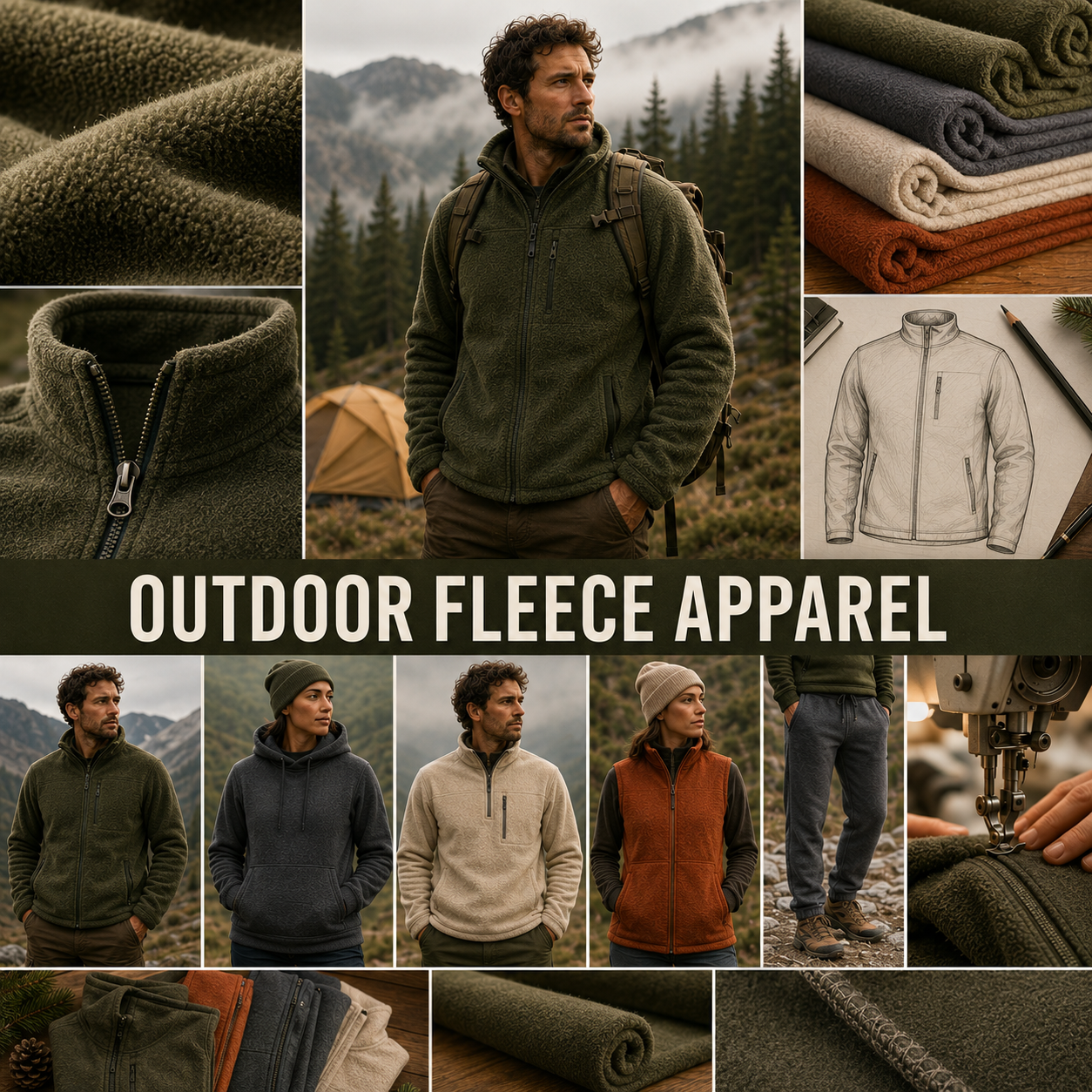 Eco Jersey outdoor fleece apparel manufacturer banner showing a male model in olive fleece in a mountain forest setting, close-ups of sherpa fleece textures in multiple colors, technical flat sketch, four models wearing different fleece styles including hoodie, half-zip, gilet, and vest, plus a sewing machine inset and fabric rolls