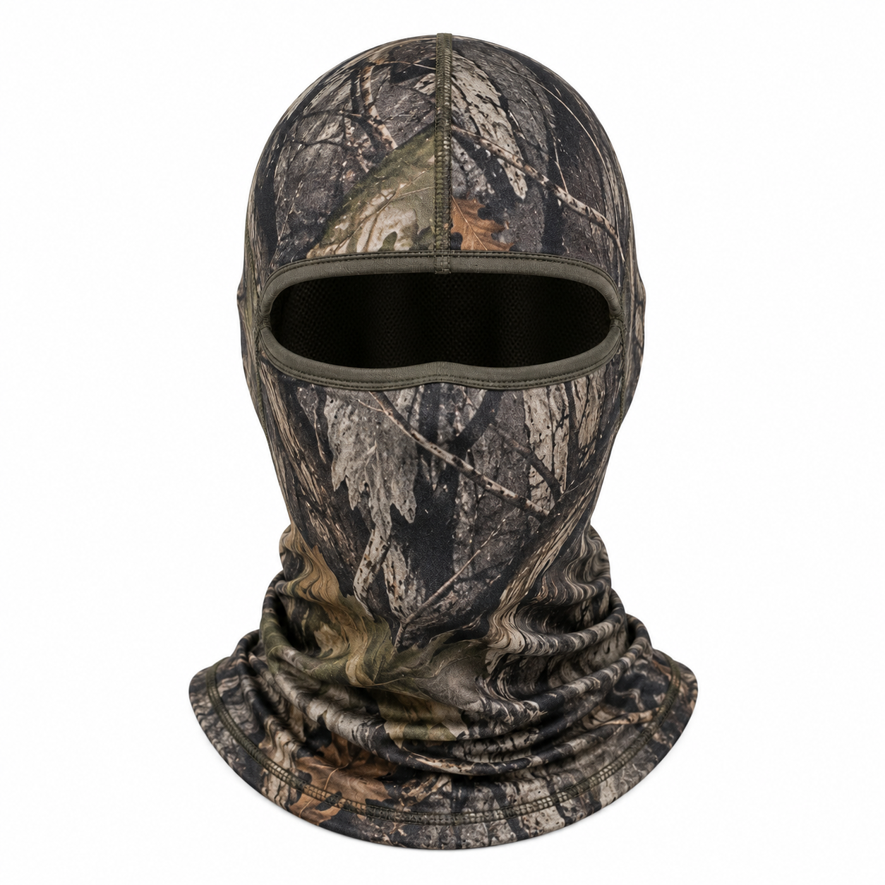 Custom open-face camouflage balaclava by Eco Jersey in brown woodland tree camo pattern, covering the head, ears, and neck while leaving the face fully open, designed for outdoor hunting and concealment