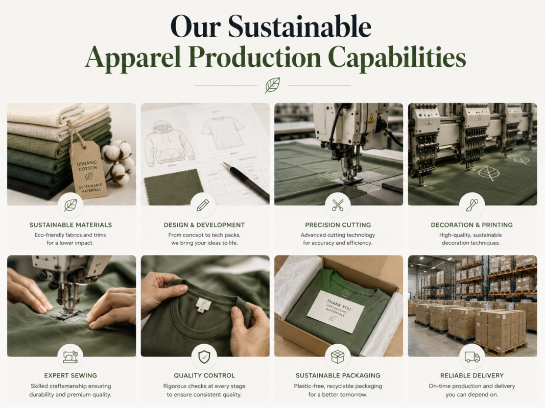 Our sustainable apparel production capabilities by Eco Jersey - infographic showing eco-friendly design, sustainable fabric sourcing, ethical manufacturing, quality control, and eco packaging stages