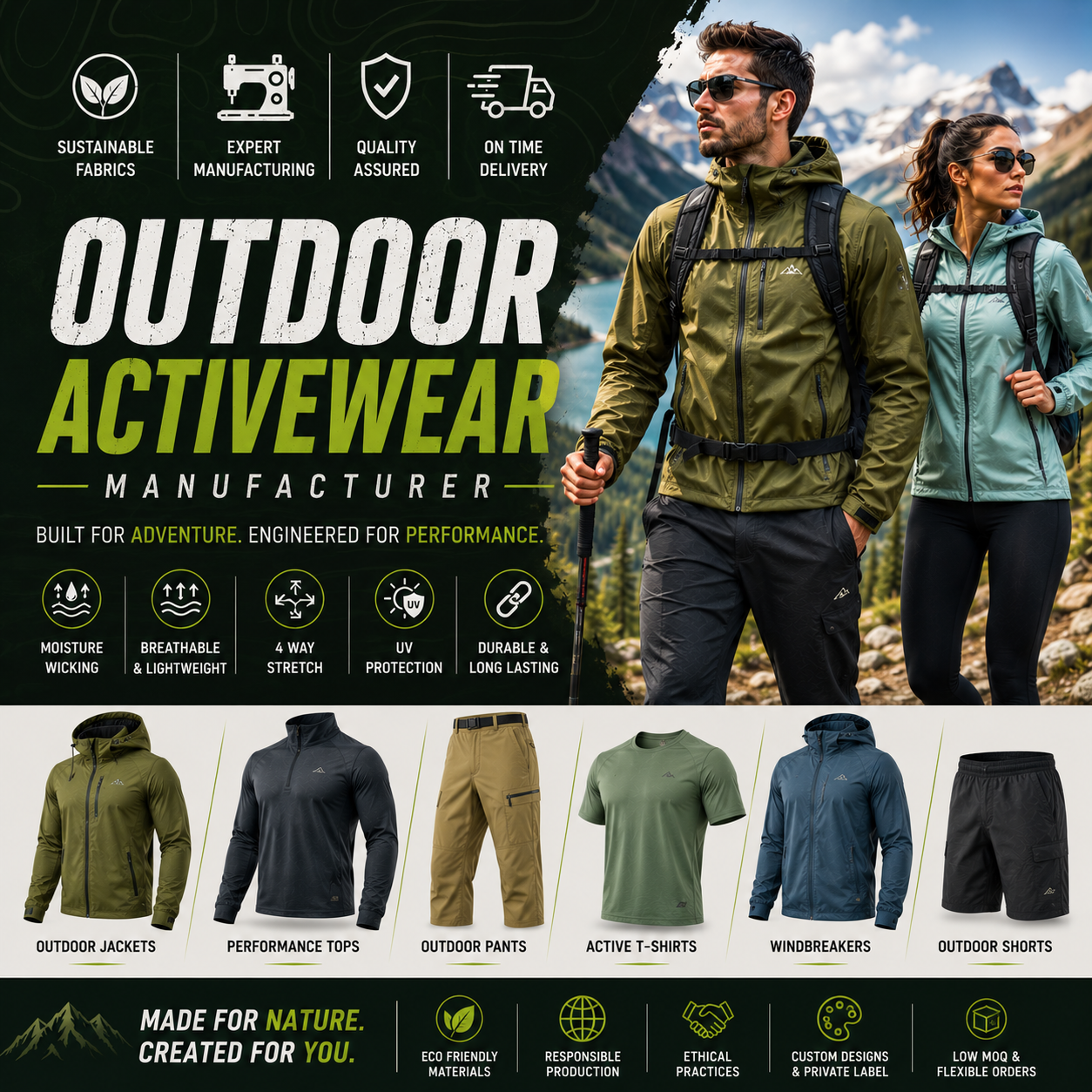 outdoor activewear manufacturing with high-performance fabrics, custom outdoor apparel production by Eco Jersey
