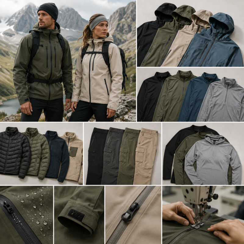 Outdoor apparel manufacturer banner image for softshell jackets page, wholesale B2B production of performance outdoor clothing by Eco Jersey