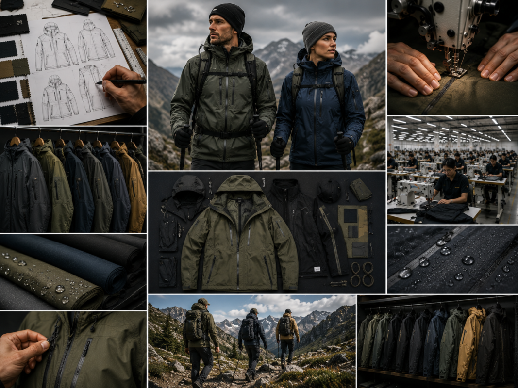 Custom outdoor jackets manufacturer banner image for softshell jackets page, wholesale B2B production of outdoor performance jackets