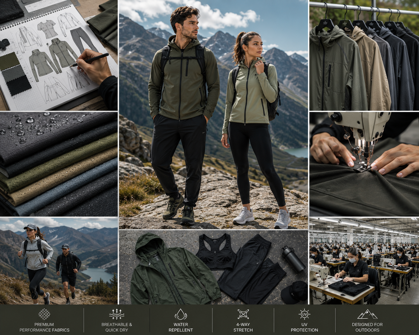 Outdoor activewear design to performance collage by Eco Jersey - man and woman in olive outdoor jackets on a mountain, with design sketches, technical fabrics, sewing, outdoor trail running, and product flat lay showing water repellent, breathable, 4-way stretch features