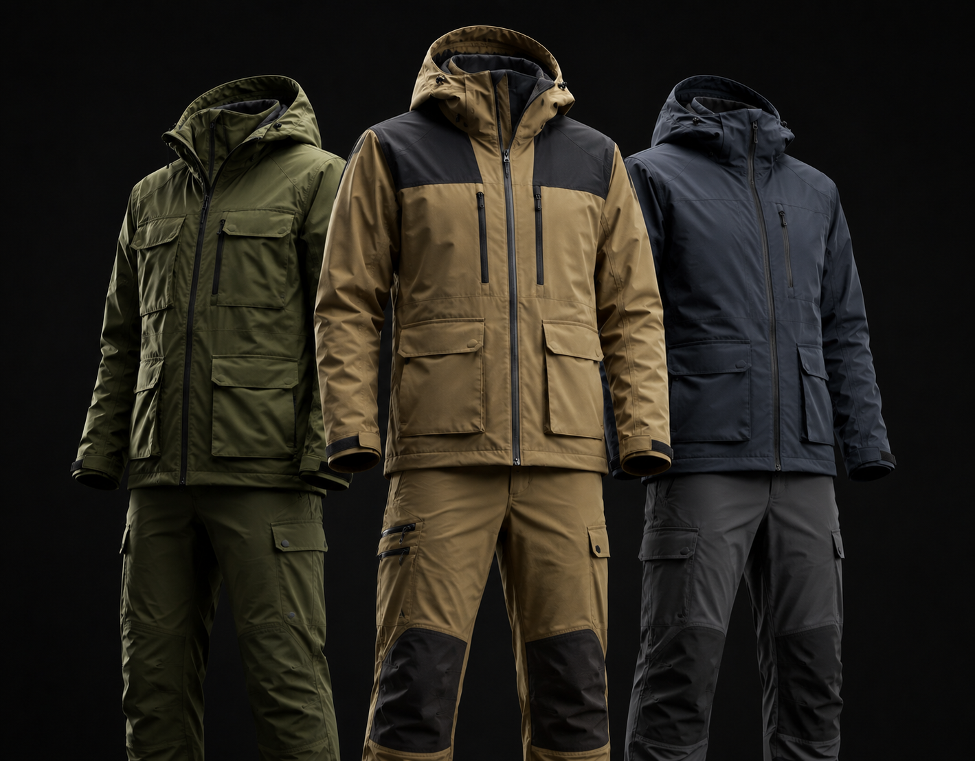 Three complete outdoor camping apparel outfits displayed on a black background: olive green jacket and cargo pants suit, tan and black two-tone jacket with tan cargo pants, and dark navy jacket with black cargo pants, showing custom jacket and pants lineup by Eco Jersey