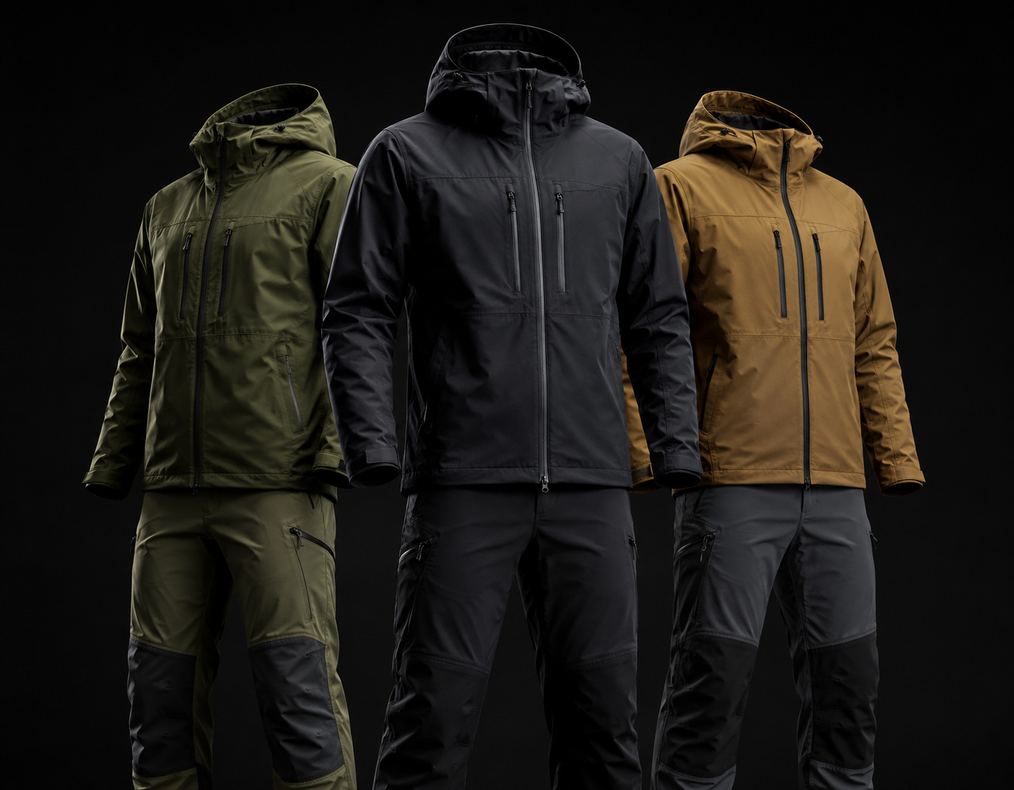 Three complete outdoor hiking apparel sets displayed on a dark background: olive green jacket with dark cargo pants, all-black jacket and pants outfit, and tan brown jacket with black pants, showcasing Eco Jersey's custom outdoor gear manufacturing