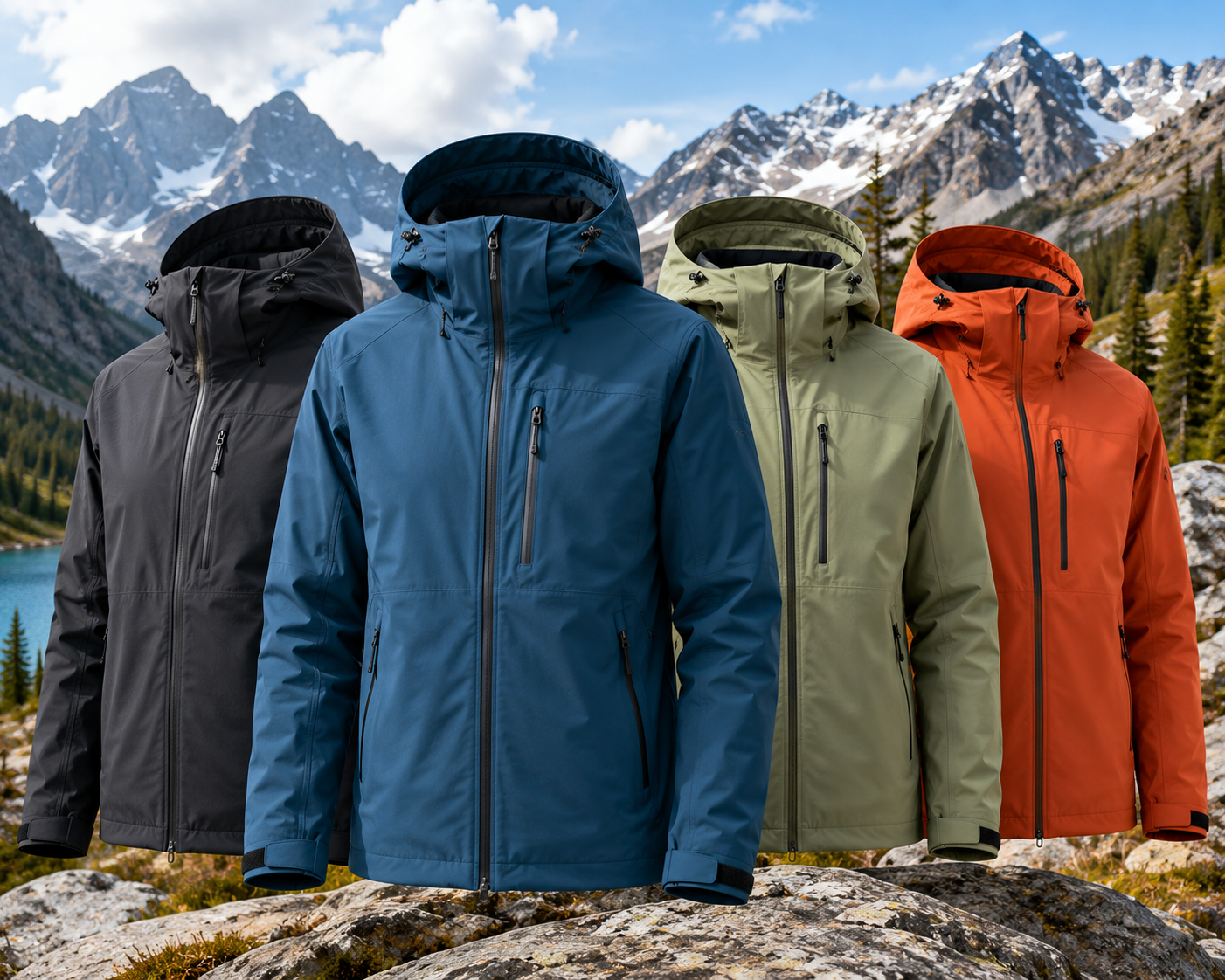 Wide banner image showing outdoor jackets displayed against a serene alpine mountain landscape with snow-capped peaks and a clear blue sky, representing Eco Jersey's custom outdoor jacket manufacturing