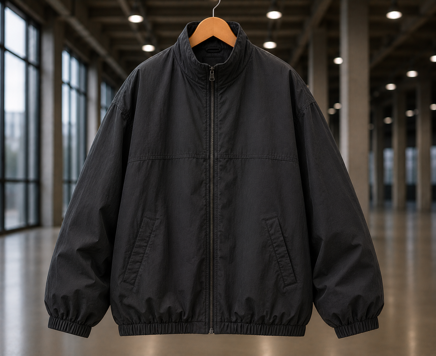 Custom oversized fashion jacket manufacturer showing a unisex charcoal zip-up oversized jacket with dropped shoulders, elastic cuffs, and patch pockets on a wooden hanger