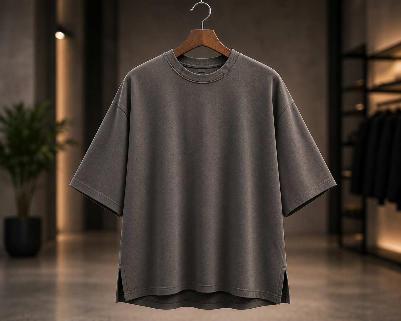 Dark grey oversized boxy t-shirt on a wooden hanger with wide dropped sleeves and curved hem in a moody boutique studio setting