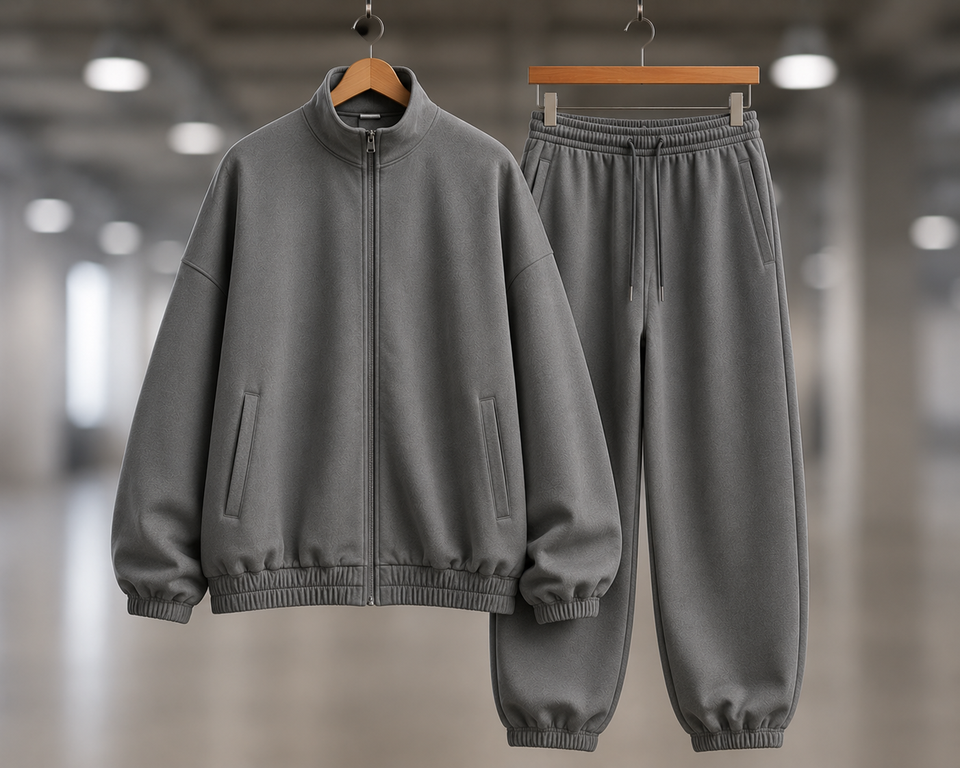 Custom oversized tracksuits manufacturer showing a matching oversized zip-up jacket and wide-leg jogger pants set for streetwear brands and casual apparel retailers