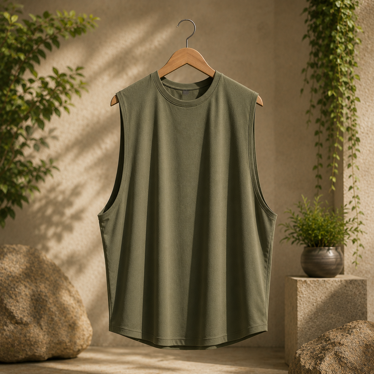 Custom oversized training vests manufacturer showing men's oversized sleeveless gym training vest on a wooden hanger in a natural setting