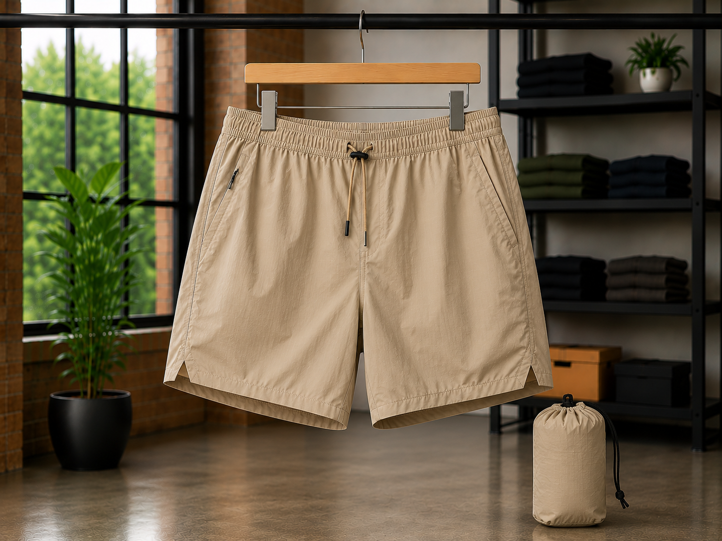 Packable outdoor shorts that fold into compact size for travel, hiking, and adventure activities