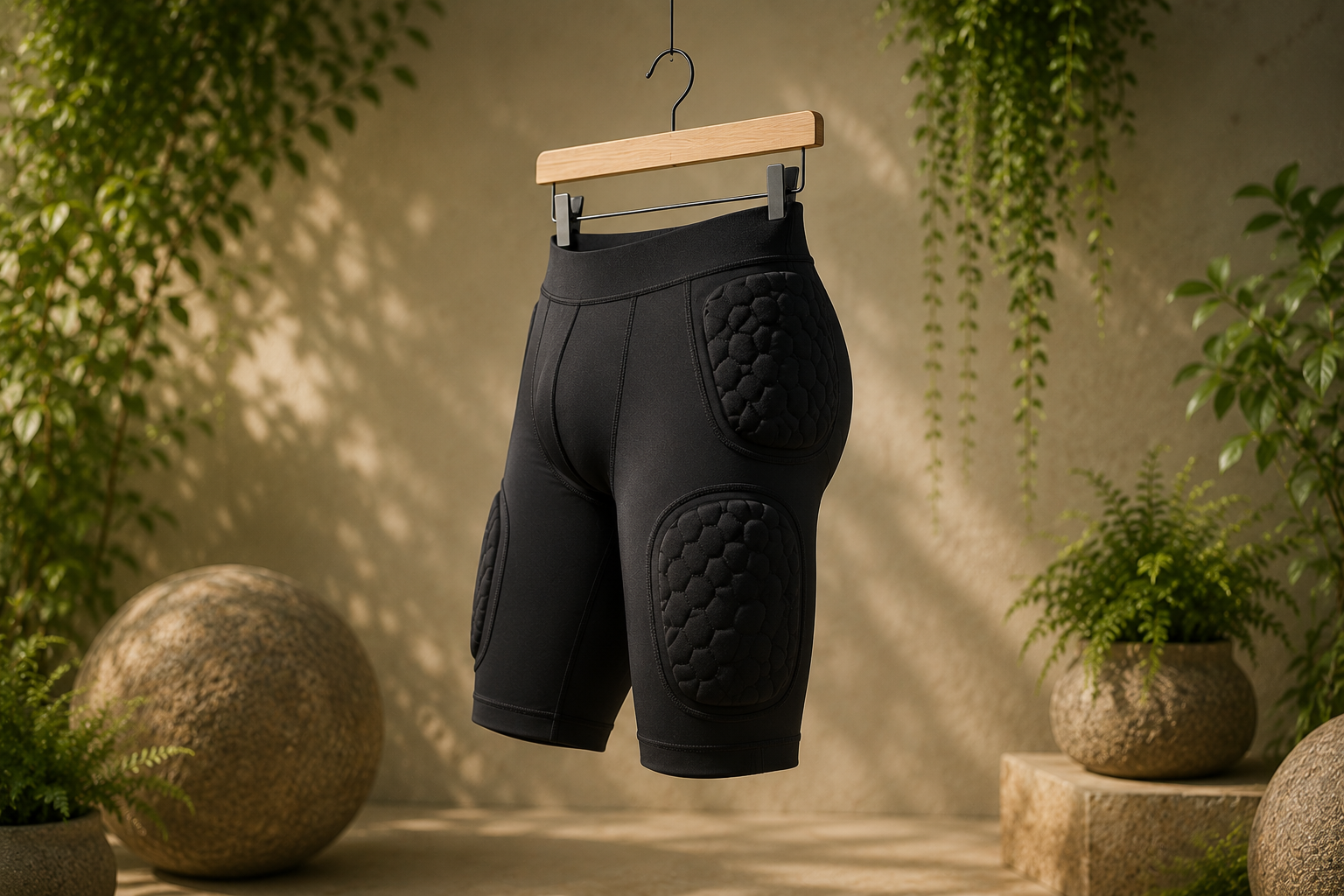 Padded compression shorts manufacturer showing men's black compression shorts with built-in padding for cycling, contact sports, and impact protection