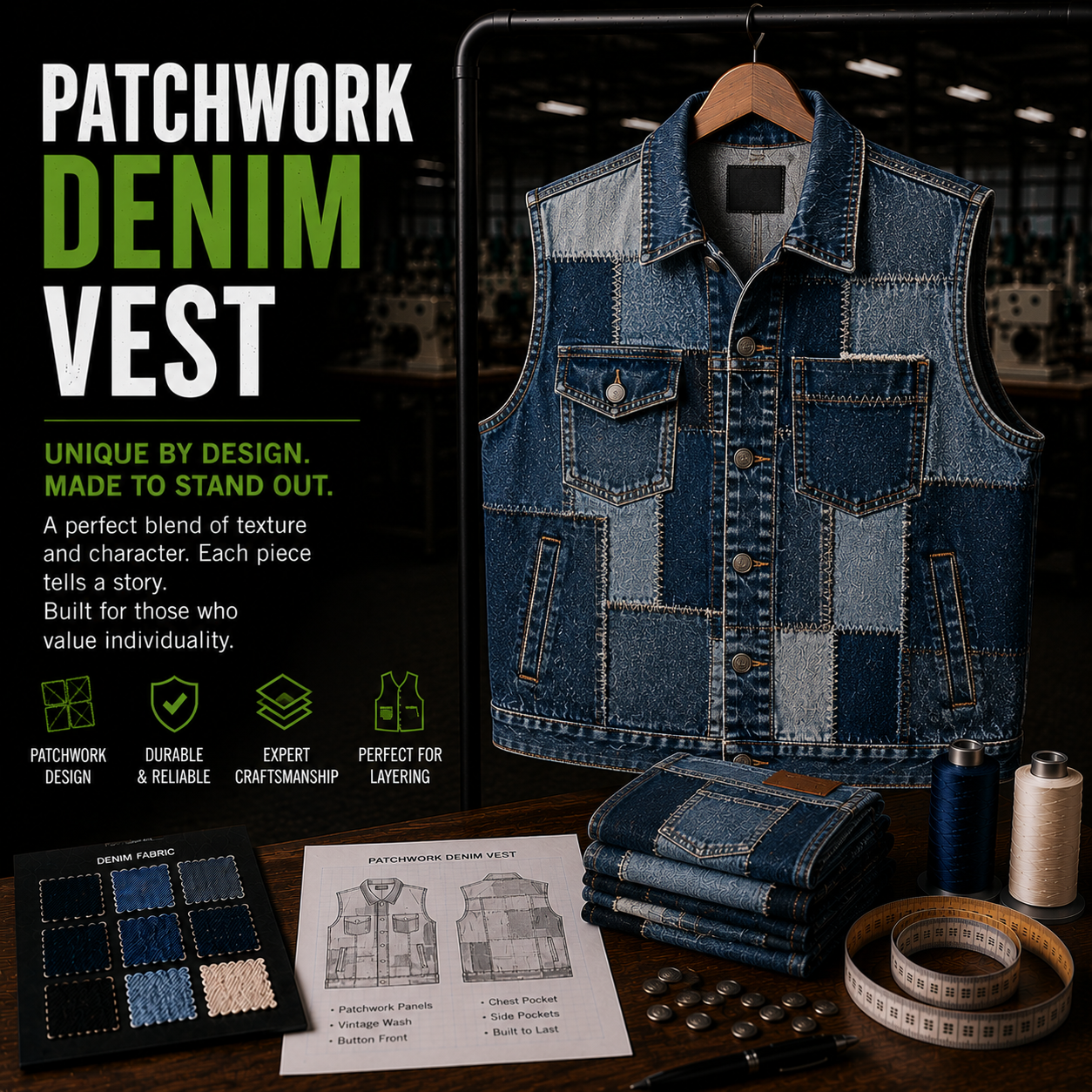 Patchwork denim vest infographic showing multi-panel denim vest on hanger with fabric swatches, tech sketch, and features including patchwork design, expert craftsmanship, and layering fit