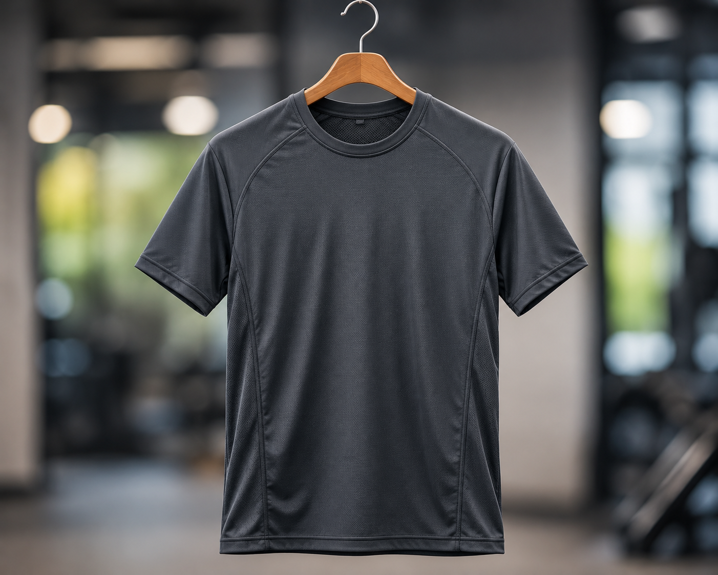 Dark grey performance t-shirt on a wooden hanger with moisture-wicking fabric and raglan seams displayed in a gym setting