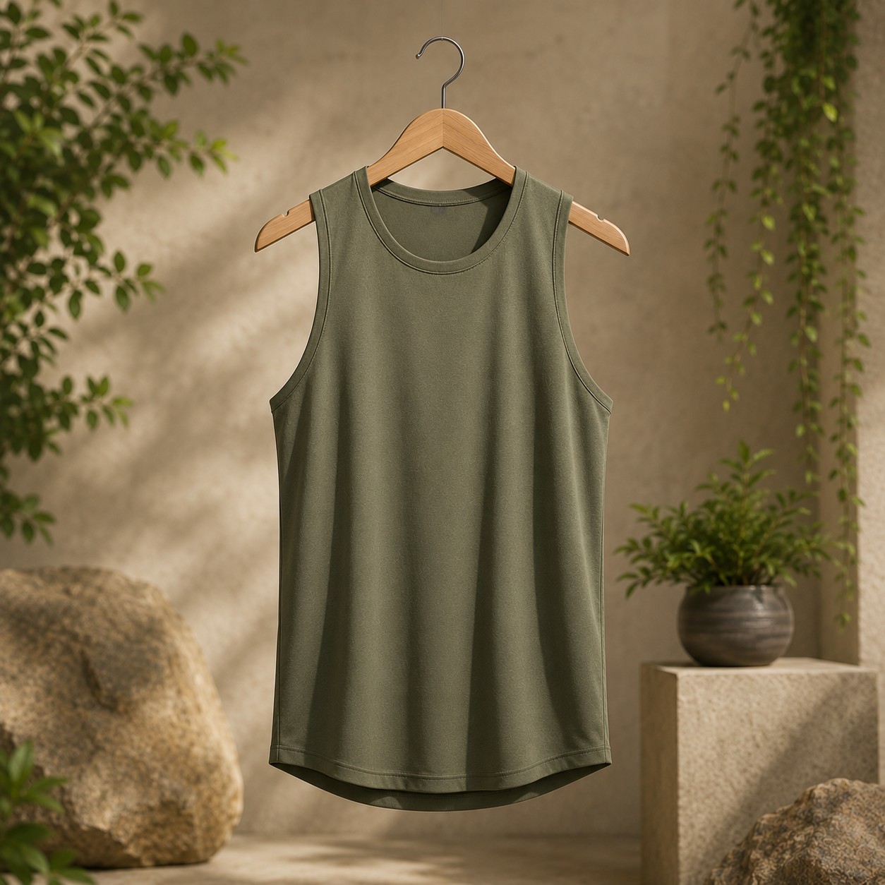 Custom performance tank tops manufacturer showing men's athletic performance sleeveless tank top on a wooden hanger in a natural setting for gym brands and sportswear retailers