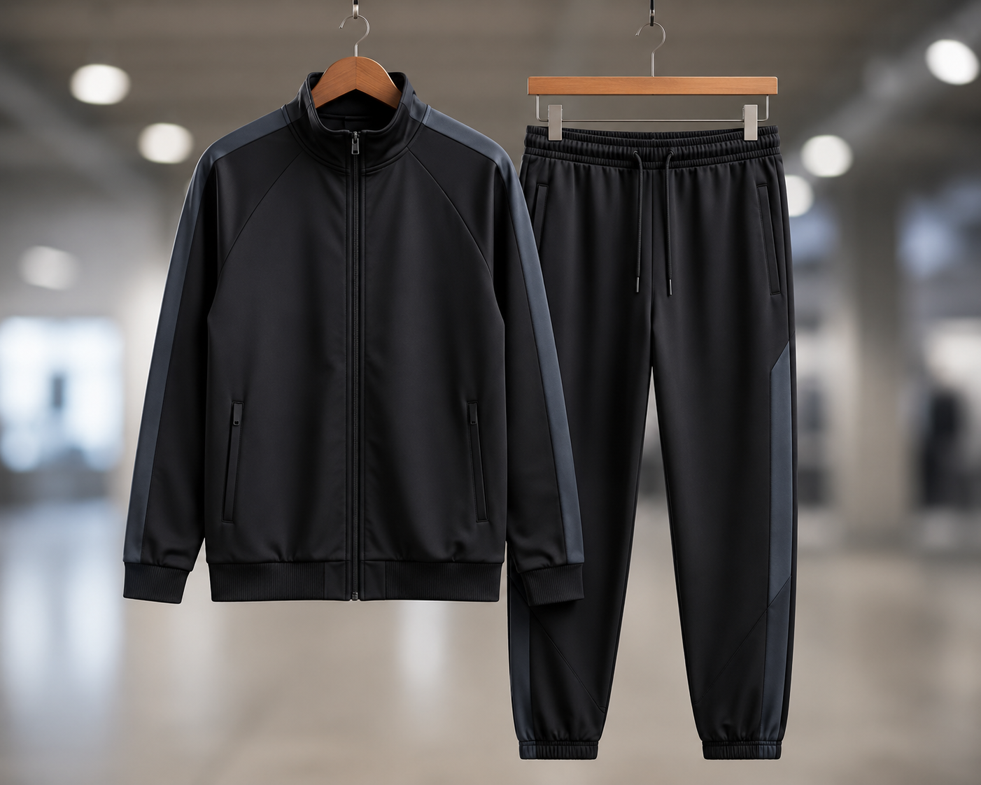 Custom performance tracksuits manufacturer showing matching zip-up jacket and jogger pants sets for sports teams, fitness brands, and athletic apparel retailers