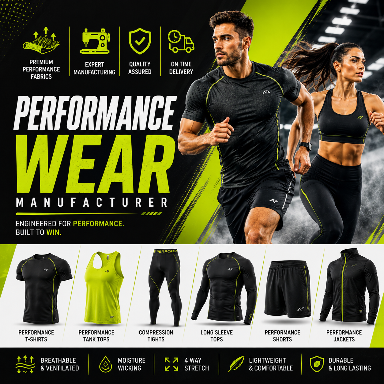 Performance wear manufacturer offering t-shirts, tank tops, compression tights, long sleeve tops, shorts, and jackets engineered for peak athletic performance