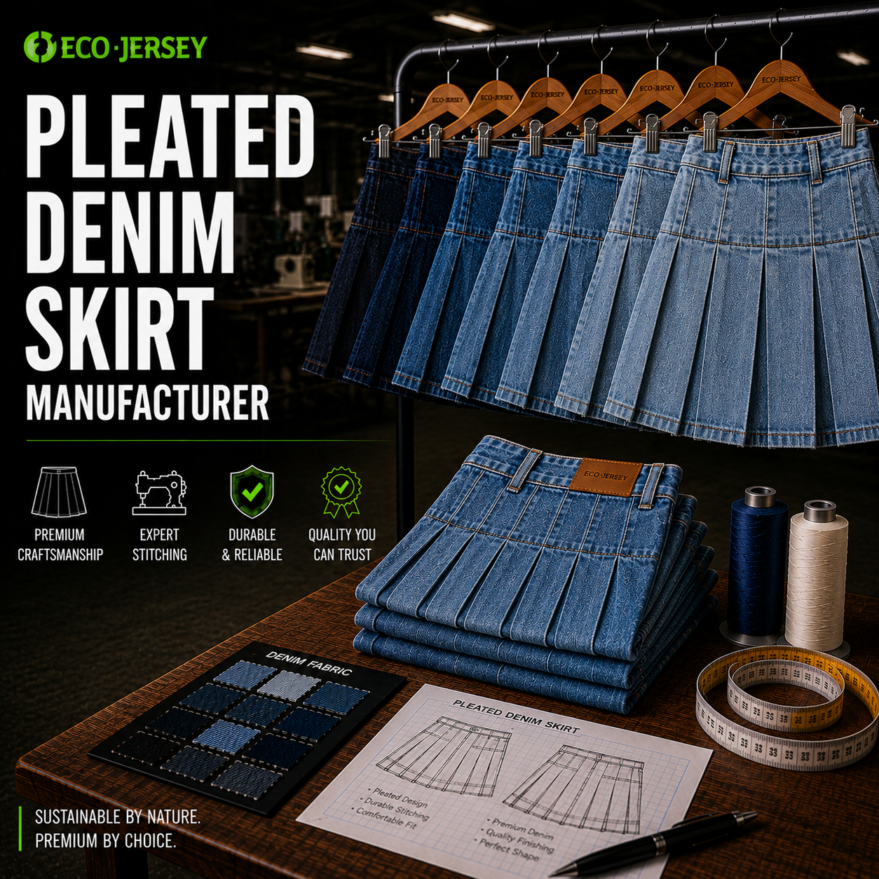 Pleated Denim Skirt