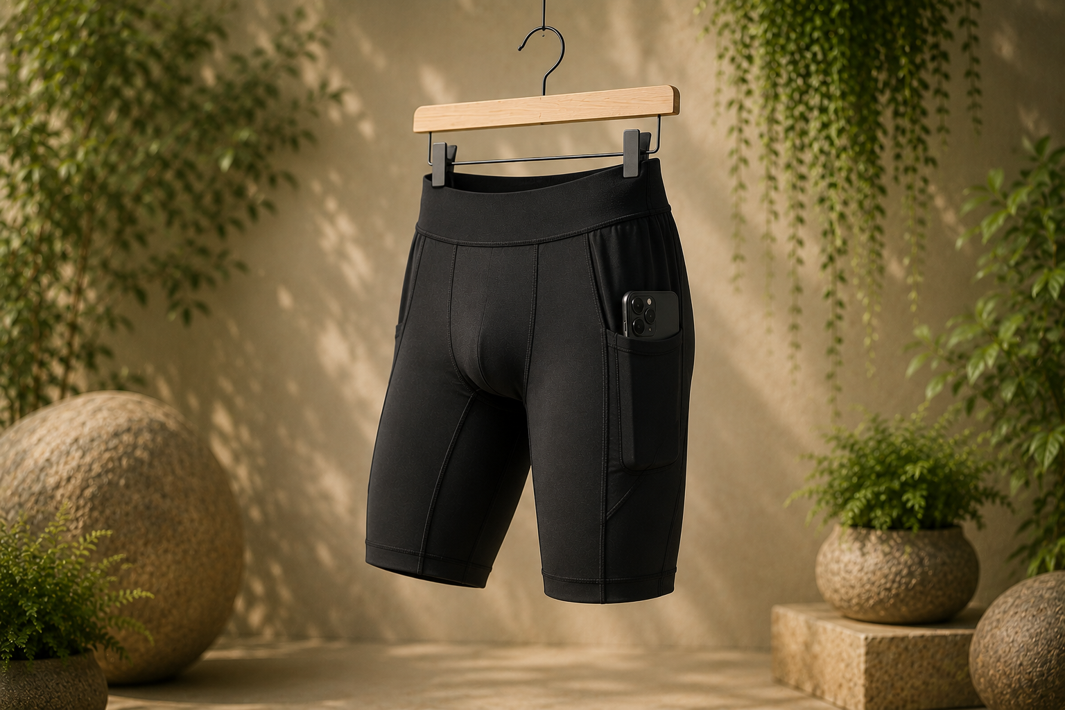 Pocketed training shorts manufacturer showing men's black compression-style shorts with side zip pockets for athletic training and gym use