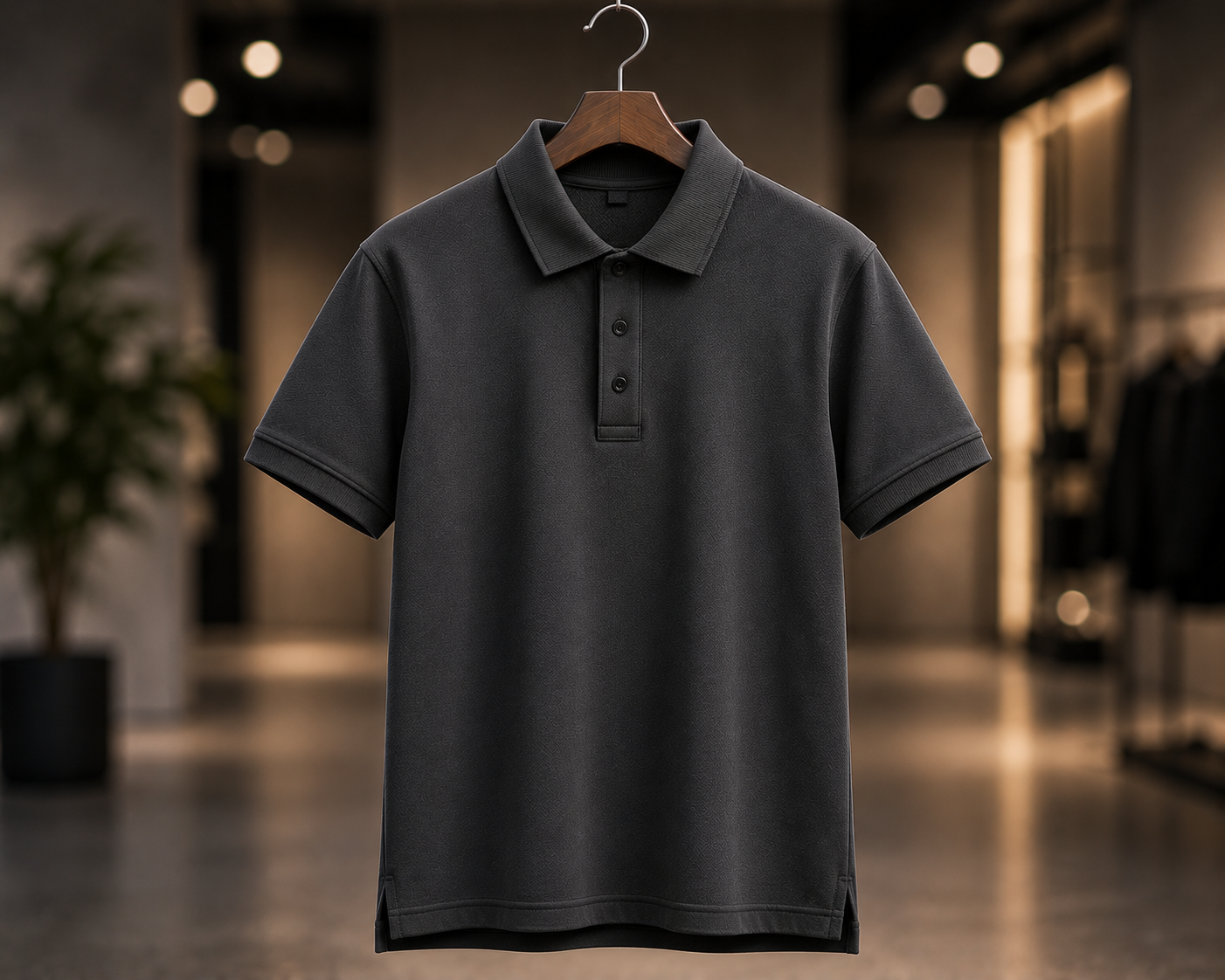 Dark grey custom polo t-shirt on a wooden hanger with button placket and ribbed collar displayed in a boutique studio setting