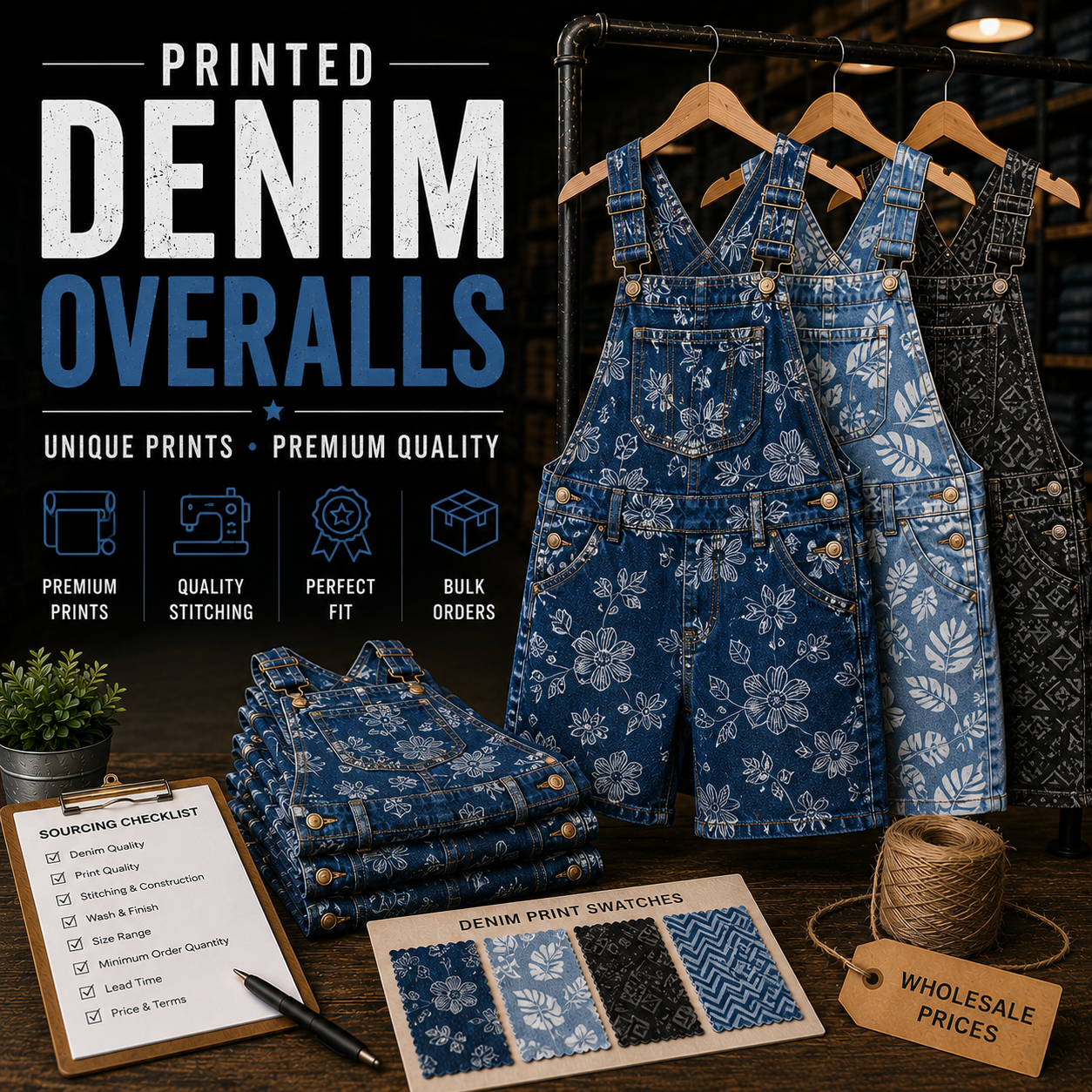 Printed Denim Overalls Manufacturer – Custom printed denim overalls wholesale by Eco Jersey