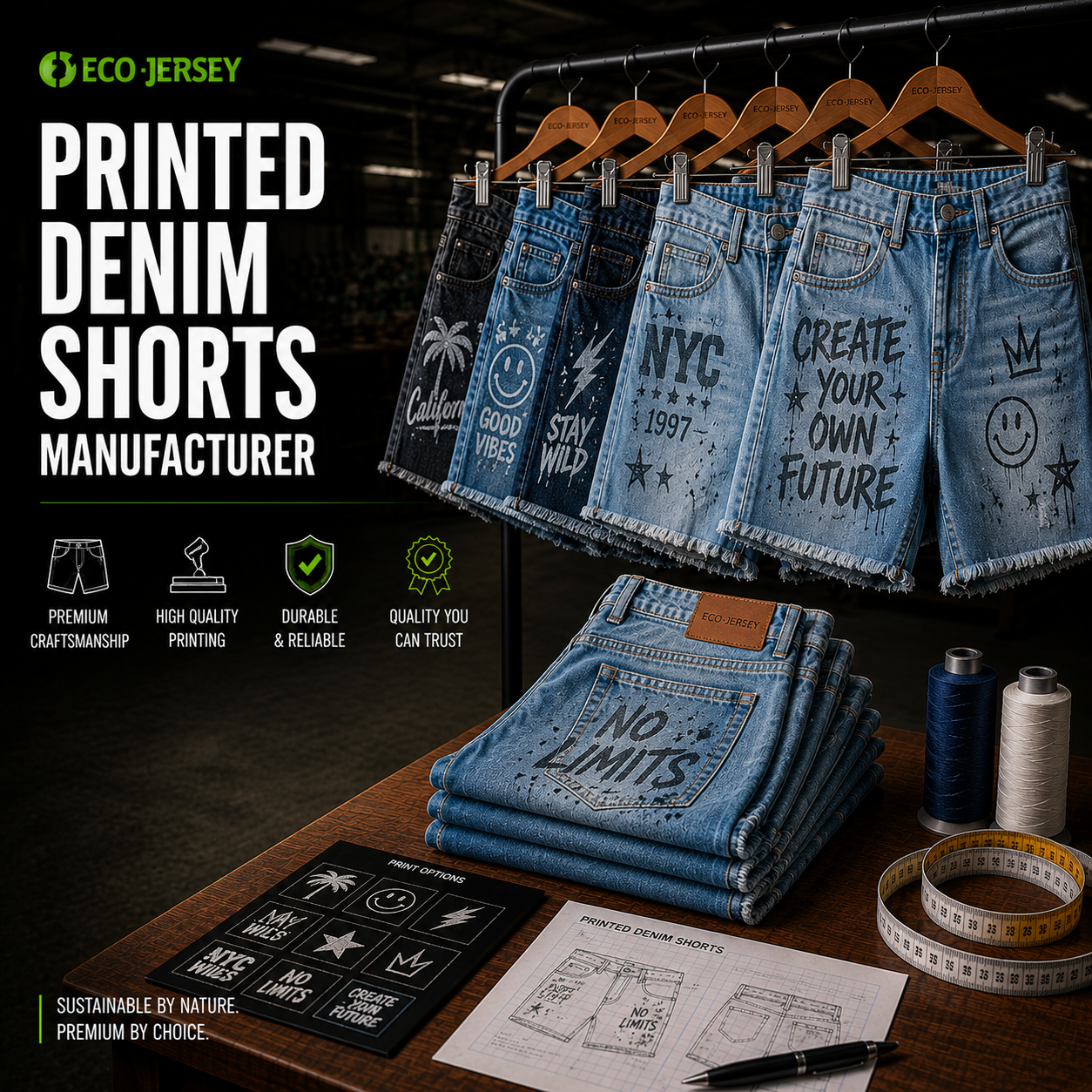 Eco Jersey printed denim shorts manufacturer banner showing blue denim shorts with street-style graphic prints including Good Vibes, NYC 1997, and Create Your Future, hanging on a rack and stacked with print options card, thread spools, and tech sketch
