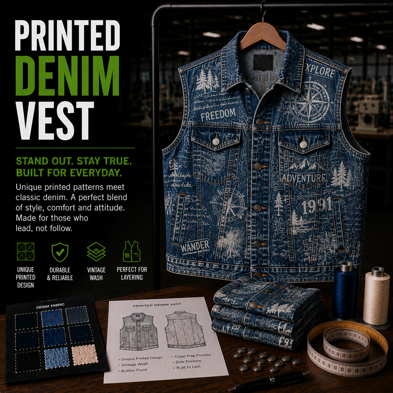 Printed denim vest infographic featuring adventure all-over print design on hanger with fabric swatches, tech sketch, and features including unique printed design, vintage wash, and layering fit