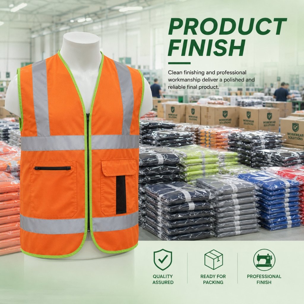 Premium workwear safety vest product finish quality — B2B wholesale safety vest manufacturing with high-visibility reflective detailing and durable construction
