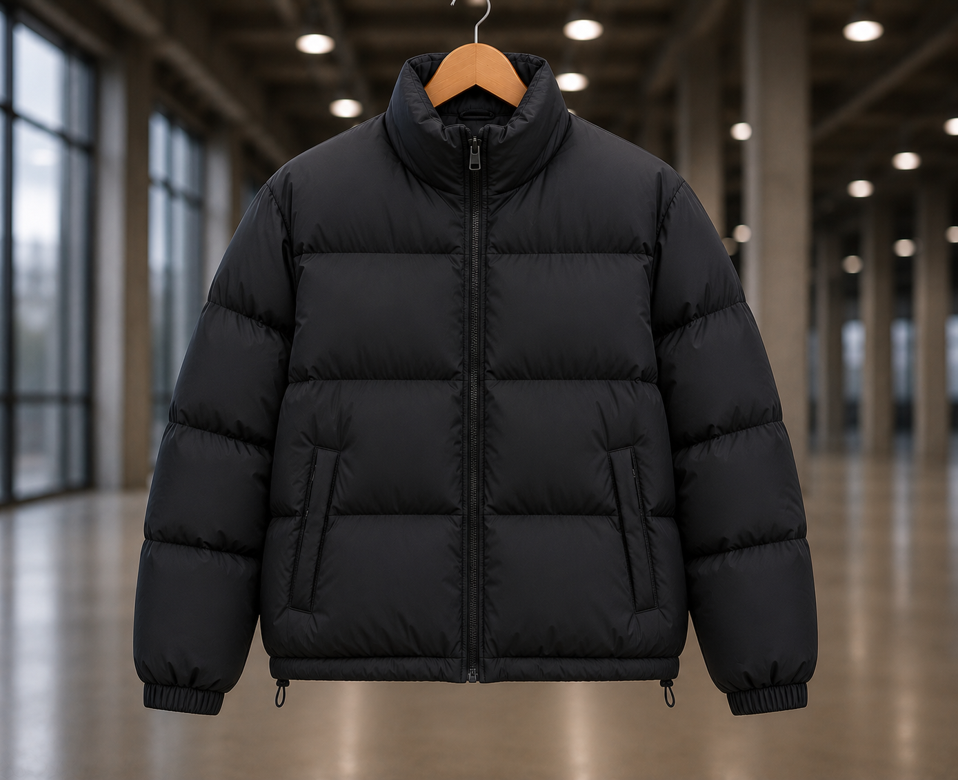 Custom puffer jacket manufacturer showing a men's black oversized quilted puffer jacket with zip front, ribbed cuffs, and patch pockets on a wooden hanger in a modern interior