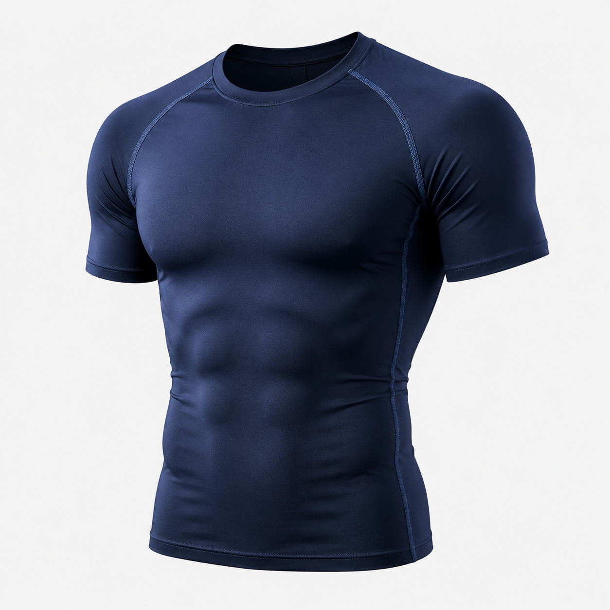 Navy blue men's pullover short sleeve compression shirt with raglan seams, custom compression shirt manufacturer for bulk orders