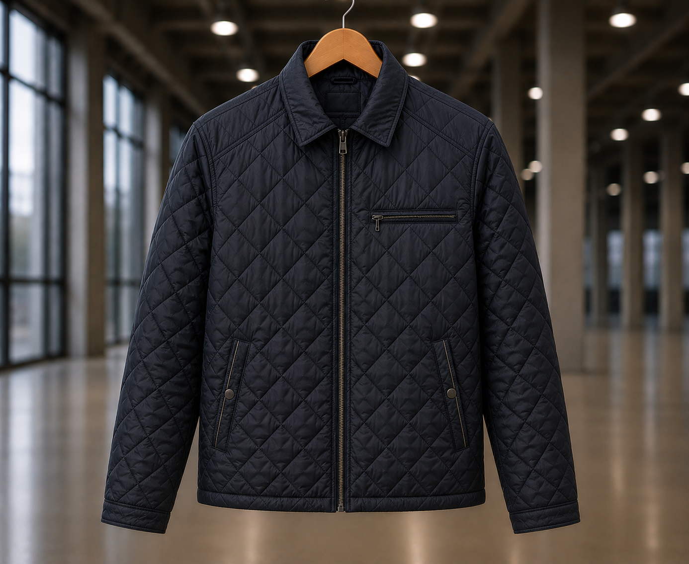 Custom quilted jacket manufacturer showing a men's navy blue diamond-quilted zip-up jacket with welt pockets on a wooden hanger in an elegant interior setting