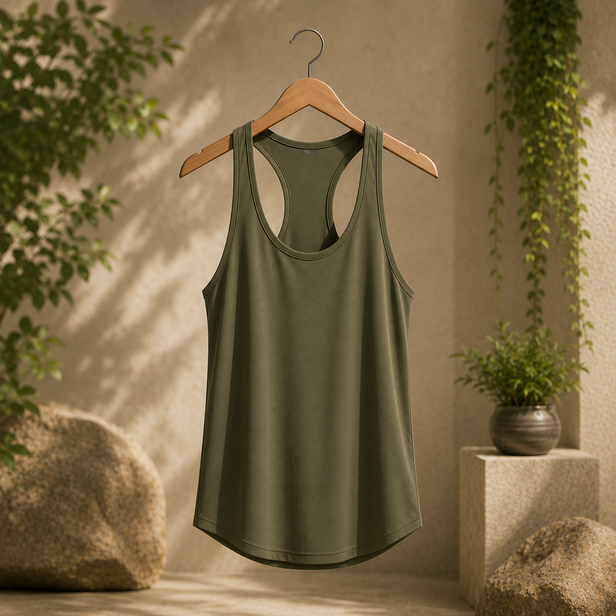Custom racerback vests manufacturer showing a men's olive green racerback sleeveless gym vest on a wooden hanger in a natural setting