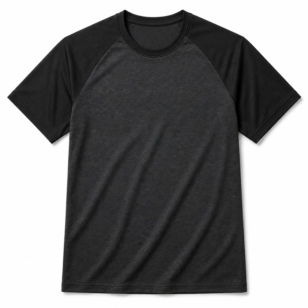 Custom raglan sleeve gym t-shirt manufacturer showing a men's short sleeve raglan tee with contrasting sleeve colour on a white background for gym brands and athletic apparel retailers