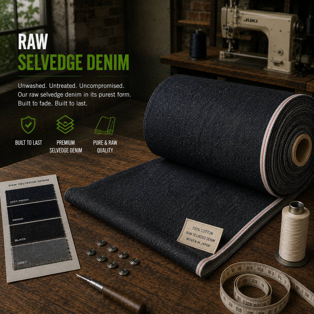 Raw selvedge denim manufacturer Eco Jersey - unwashed raw denim fabric rolls and garments showcasing premium quality selvedge denim in natural indigo