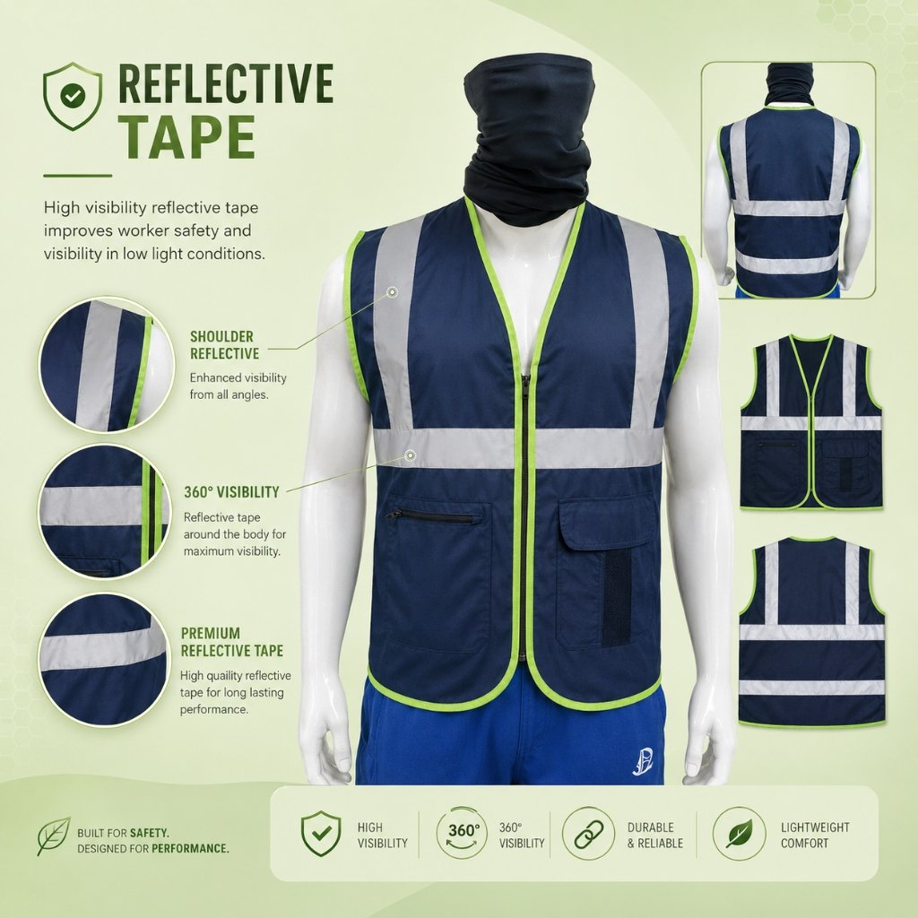 Reflective tape visual section on premium workwear safety vest — high-visibility silver reflective strips sewn onto orange safety vest for construction and industrial workwear compliance