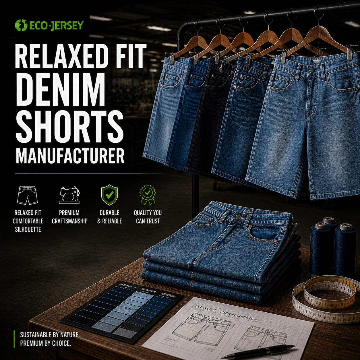 Relaxed Fit Denim Shorts Manufacturer – Custom relaxed fit denim shorts wholesale by Eco Jersey