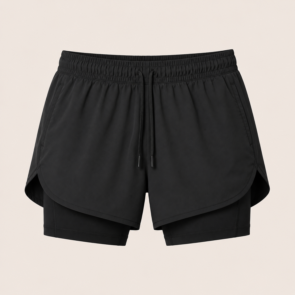 Custom running shorts manufacturer showing men's lightweight running shorts with drawstring, inner liner, and zip pocket on a beige background for athletic brands and sportswear retailers