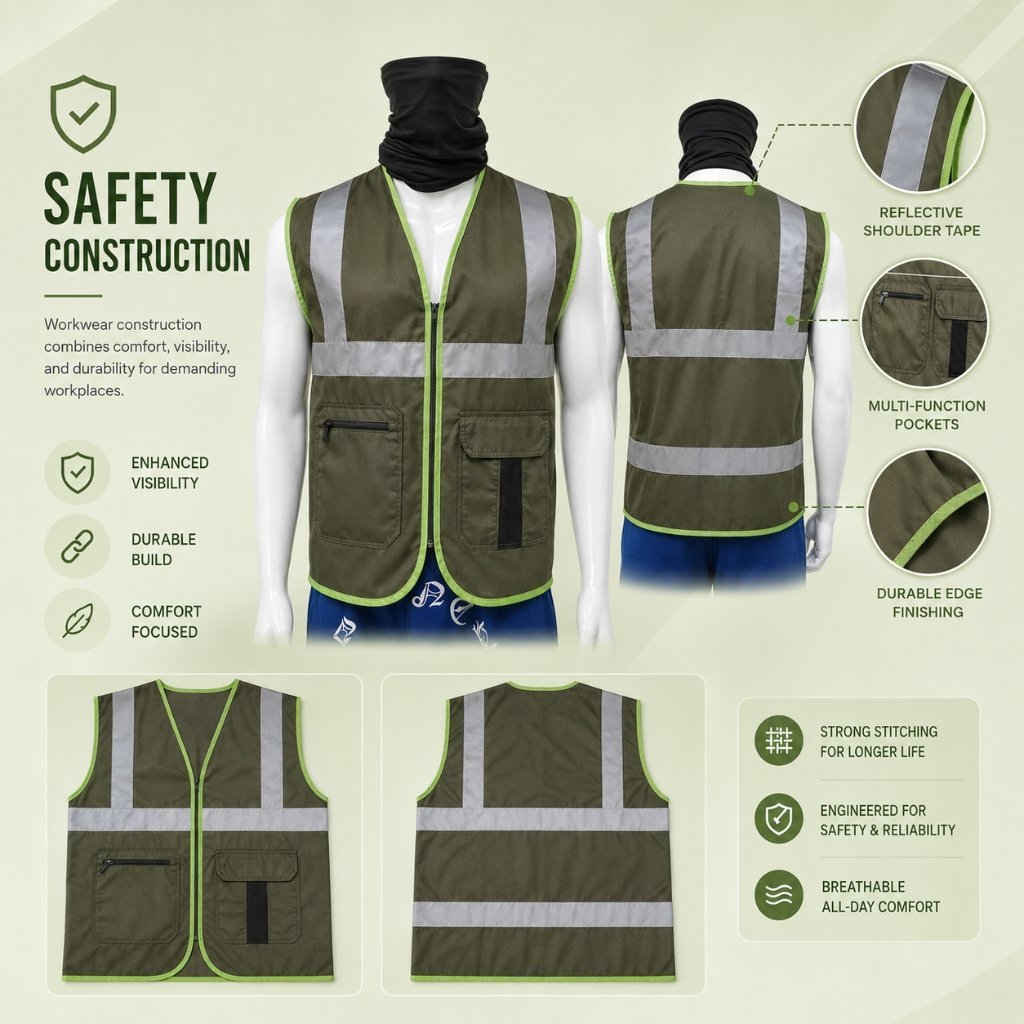 Safety construction workwear vest manufacturing process — B2B wholesale safety vest production with durable stitching, high-visibility reflective strips, and construction-grade materials