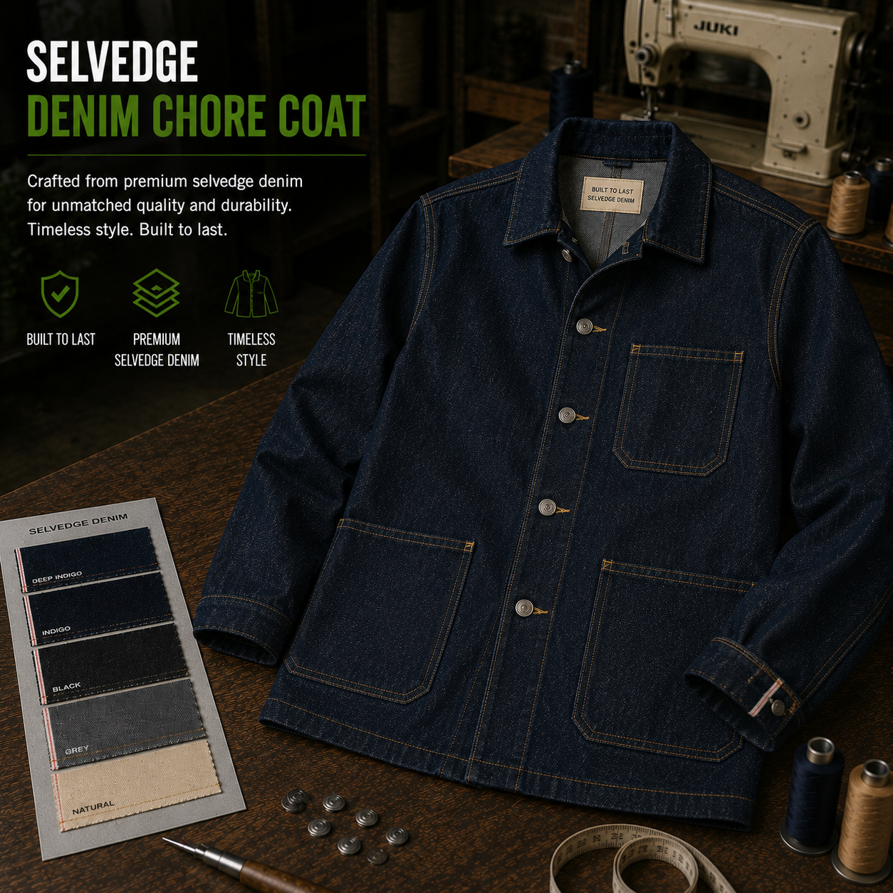 Selvedge denim chore coat manufacturer Eco Jersey - premium Japanese selvedge denim work coat with chest pockets, button-front closure, and natural indigo wash