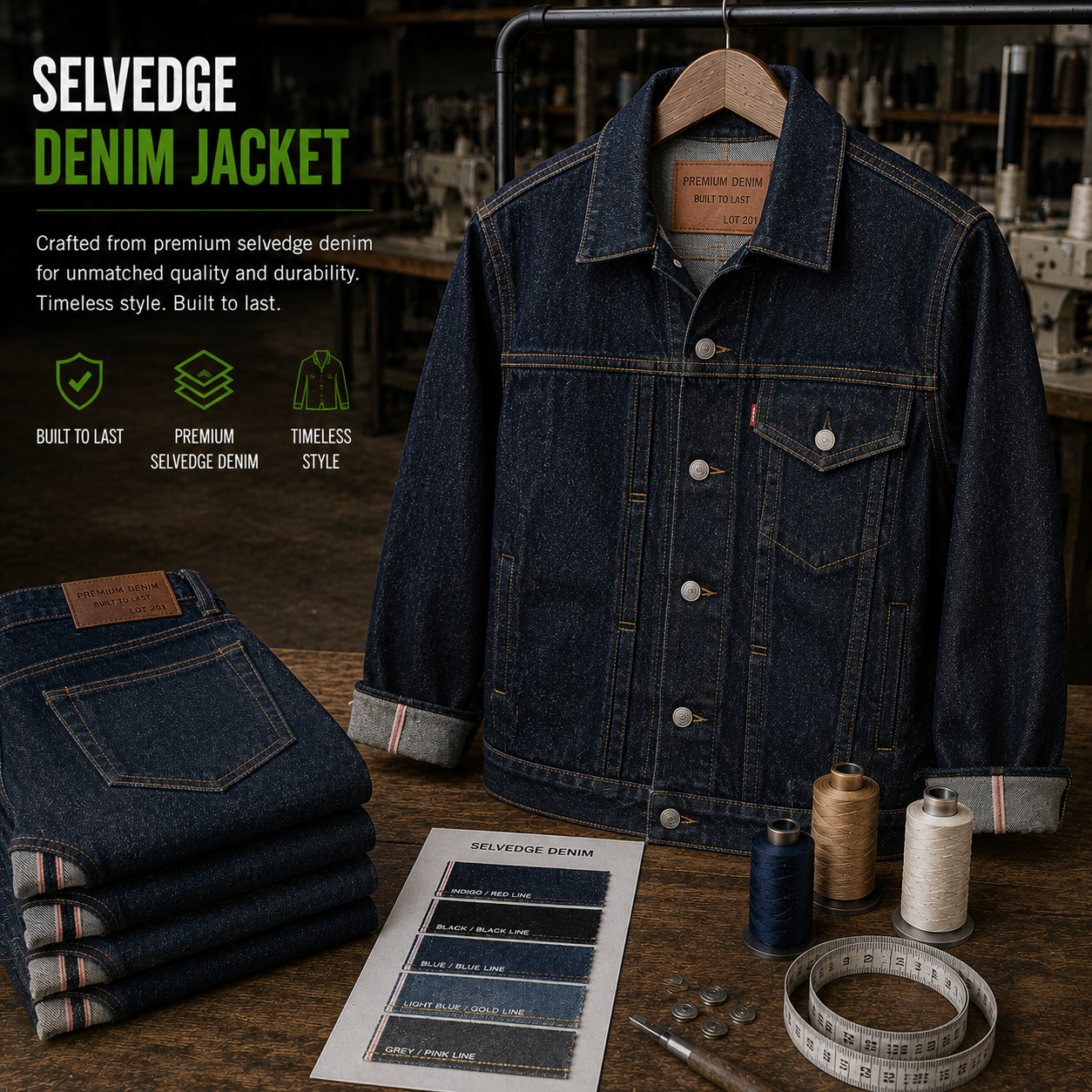 Selvedge denim jacket manufacturer Eco Jersey - classic Type III selvedge denim trucker jacket with metal buttons, chest pockets, and deep indigo wash