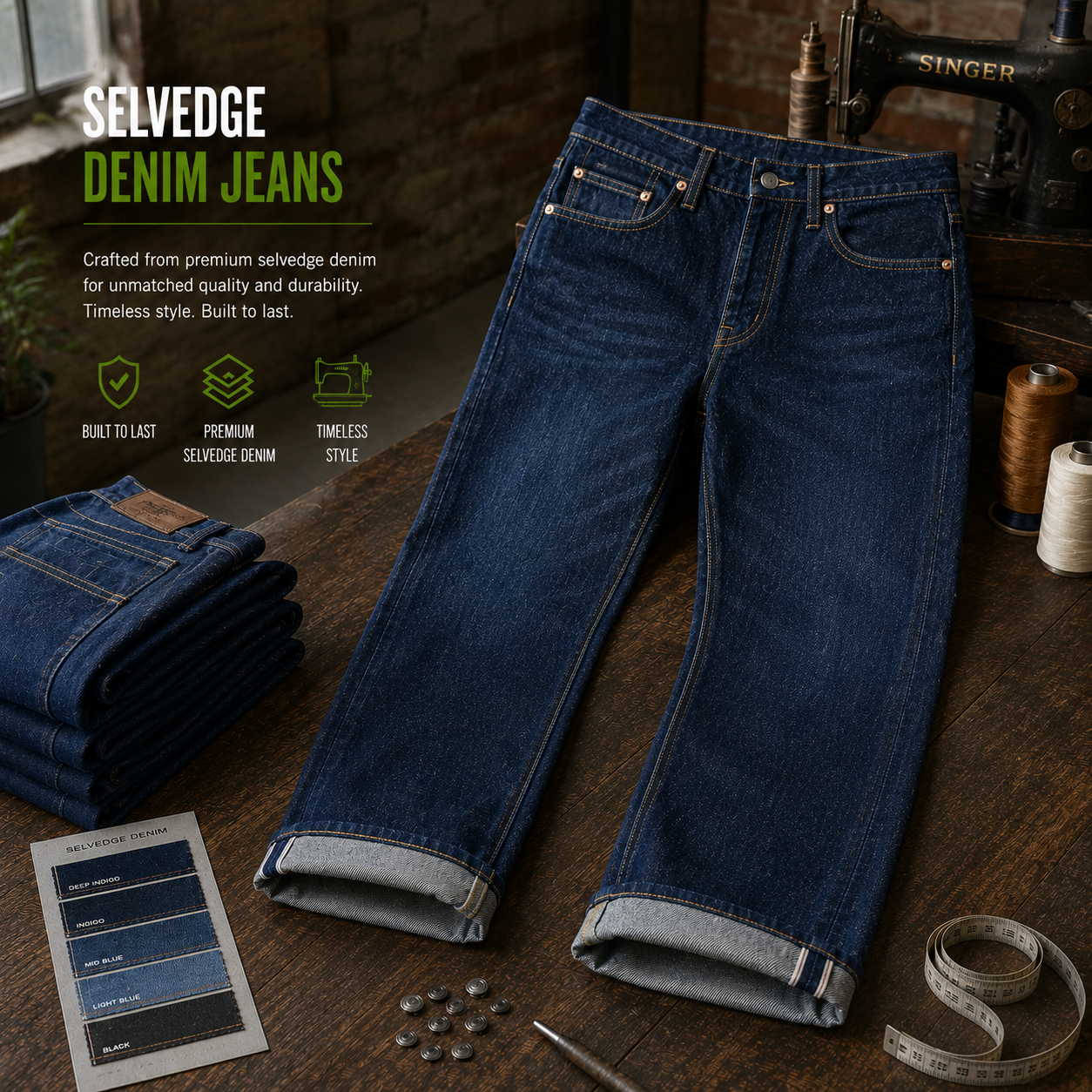 Selvedge denim jeans manufacturer Eco Jersey - classic indigo selvedge denim pants with rolled cuffs showing selvedge edge, alongside denim color swatches, thread, rivets, and tape measure on dark wood surface