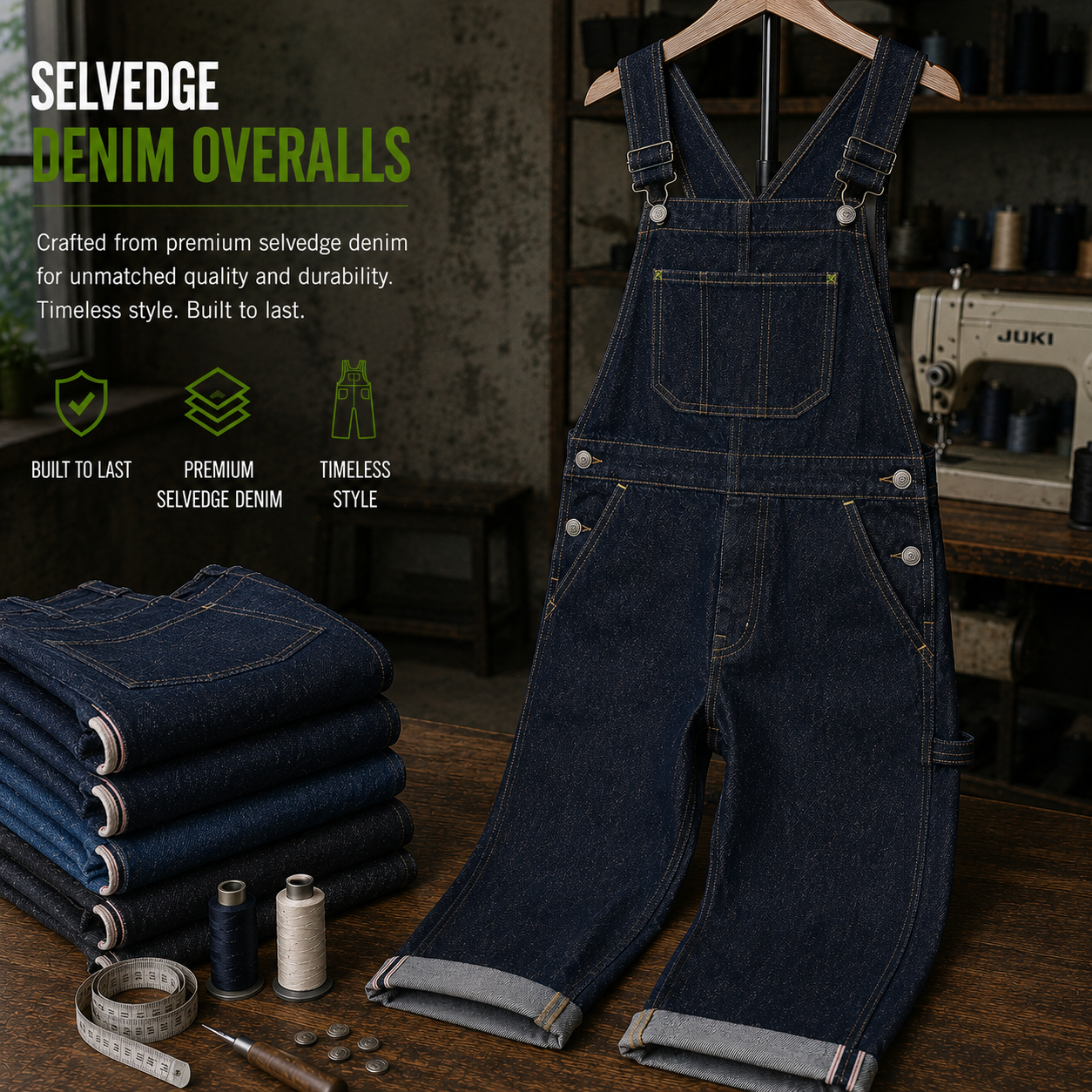 Selvedge denim overalls manufacturer Eco Jersey - premium Japanese selvedge denim dungaree overalls with bib pocket, adjustable straps, and side buttons in deep indigo