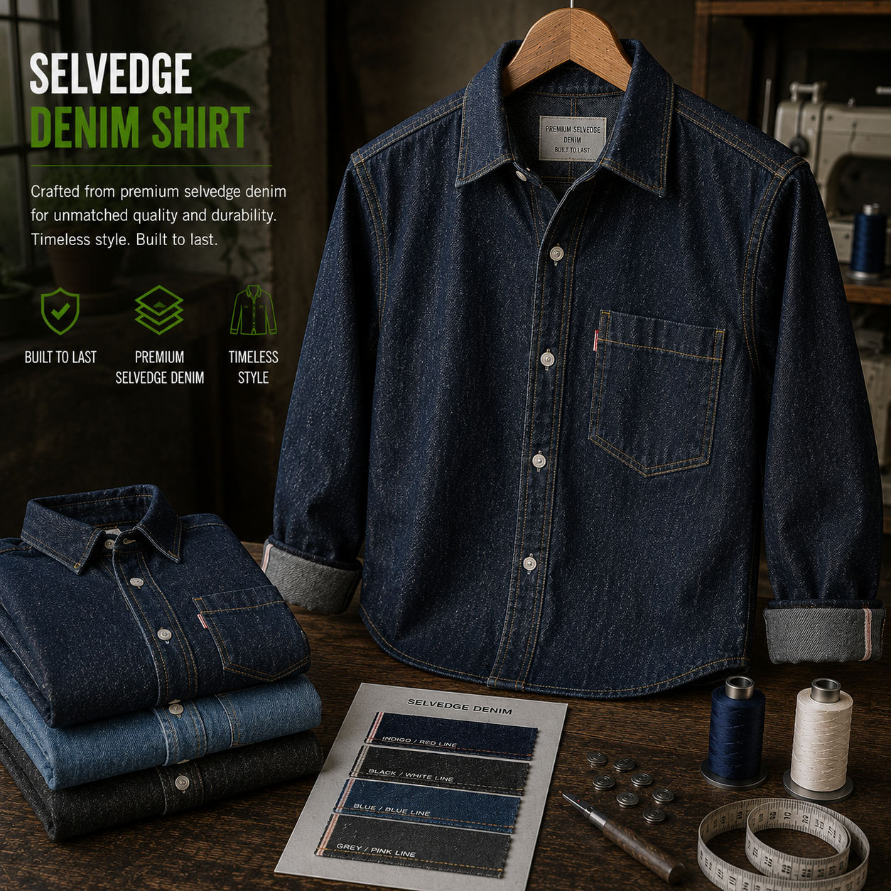 Selvedge denim shirt manufacturer Eco Jersey - premium Japanese selvedge denim button-up work shirt with chest pockets, metal buttons, and deep indigo wash