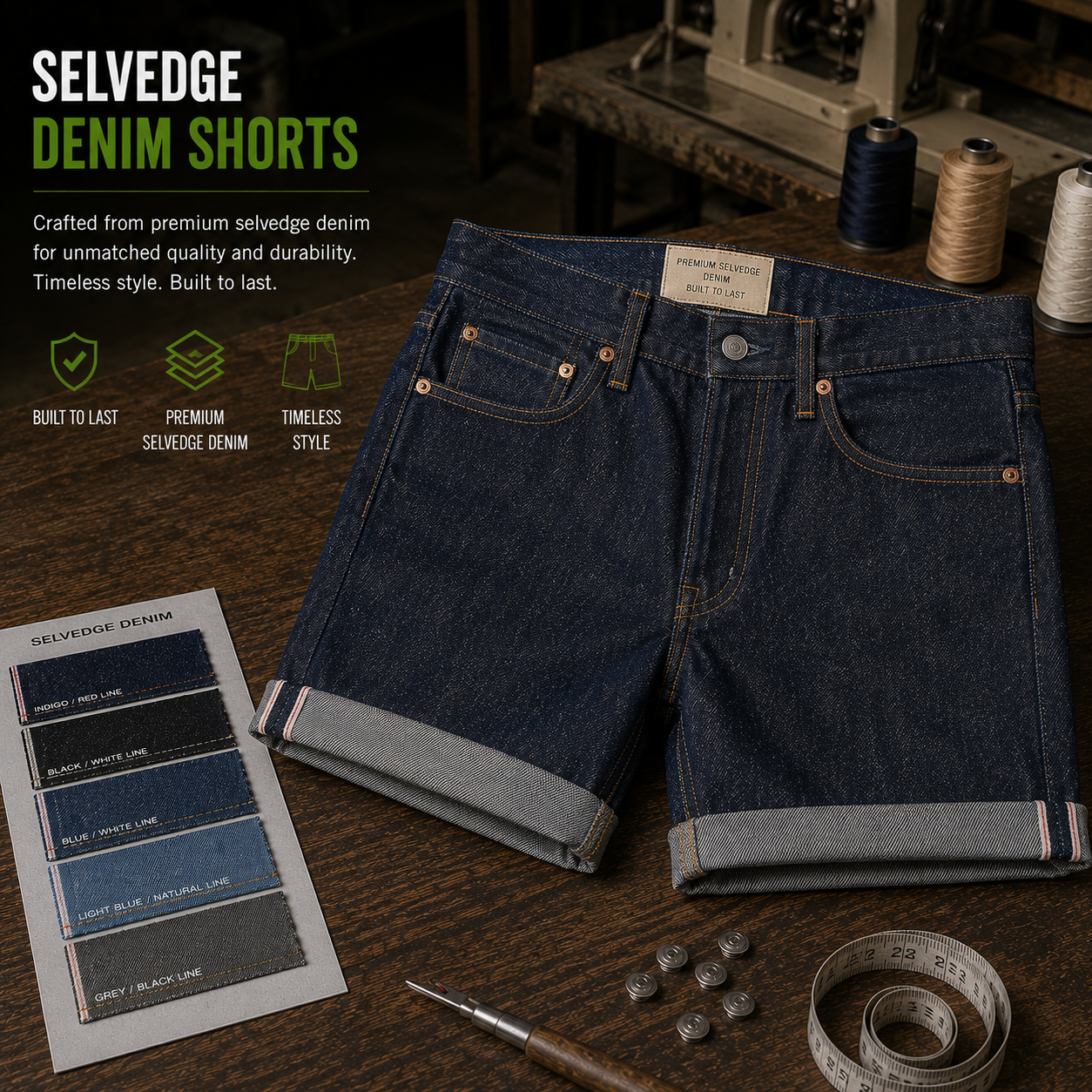 Selvedge denim shorts manufacturer Eco Jersey - premium Japanese selvedge denim cutoff shorts with authentic selvedge edge and raw hem in deep indigo