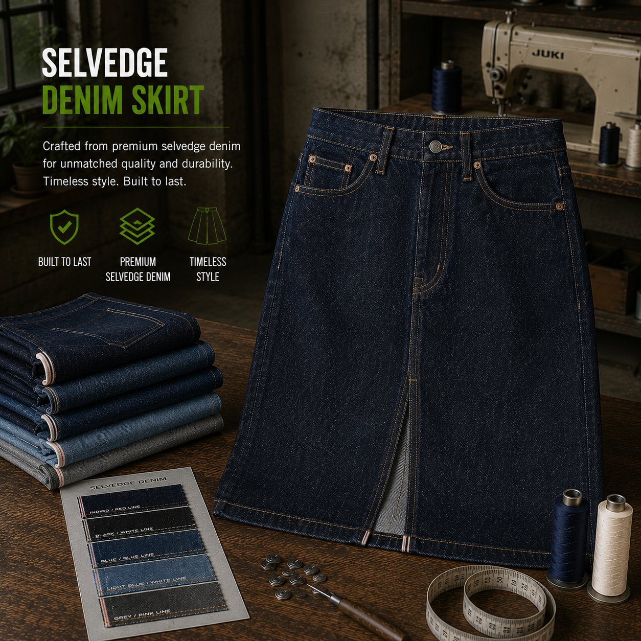 Selvedge denim skirt manufacturer Eco Jersey - premium custom denim skirt featuring authentic selvedge edge construction and quality craftsmanship