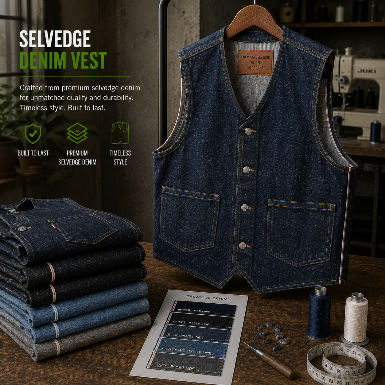 Selvedge denim vest manufacturer Eco Jersey - premium Japanese selvedge denim waistcoat with button-front and multiple pockets in deep indigo
