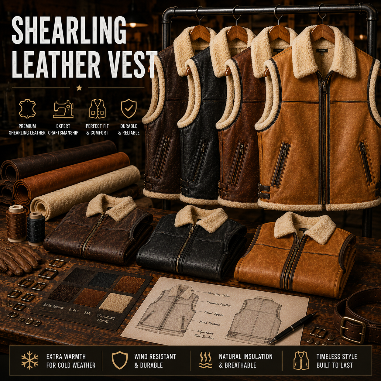 Custom shearling leather vest with warm fleece lining, manufactured by Eco Jersey Limited