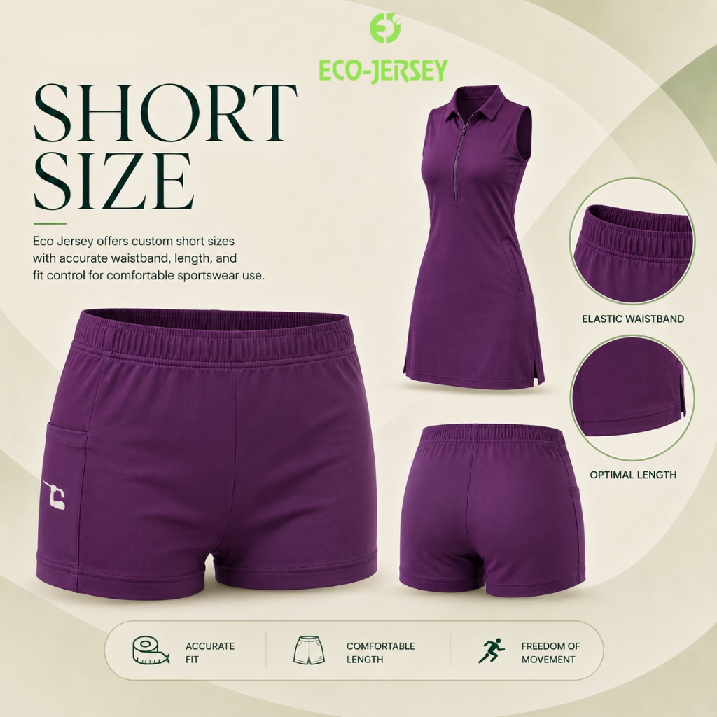 Eco Jersey short size infographic banner showing a custom purple solid dress and matching shorts set, highlighting the elastic waistband, optimal length, accurate fit, comfortable length, and freedom of movement features
