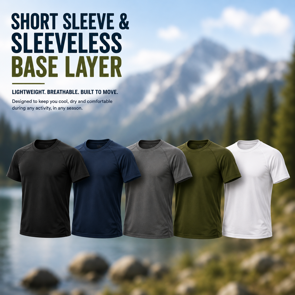Short sleeve and sleeveless base layer tops for active sports and layering in warm weather conditions