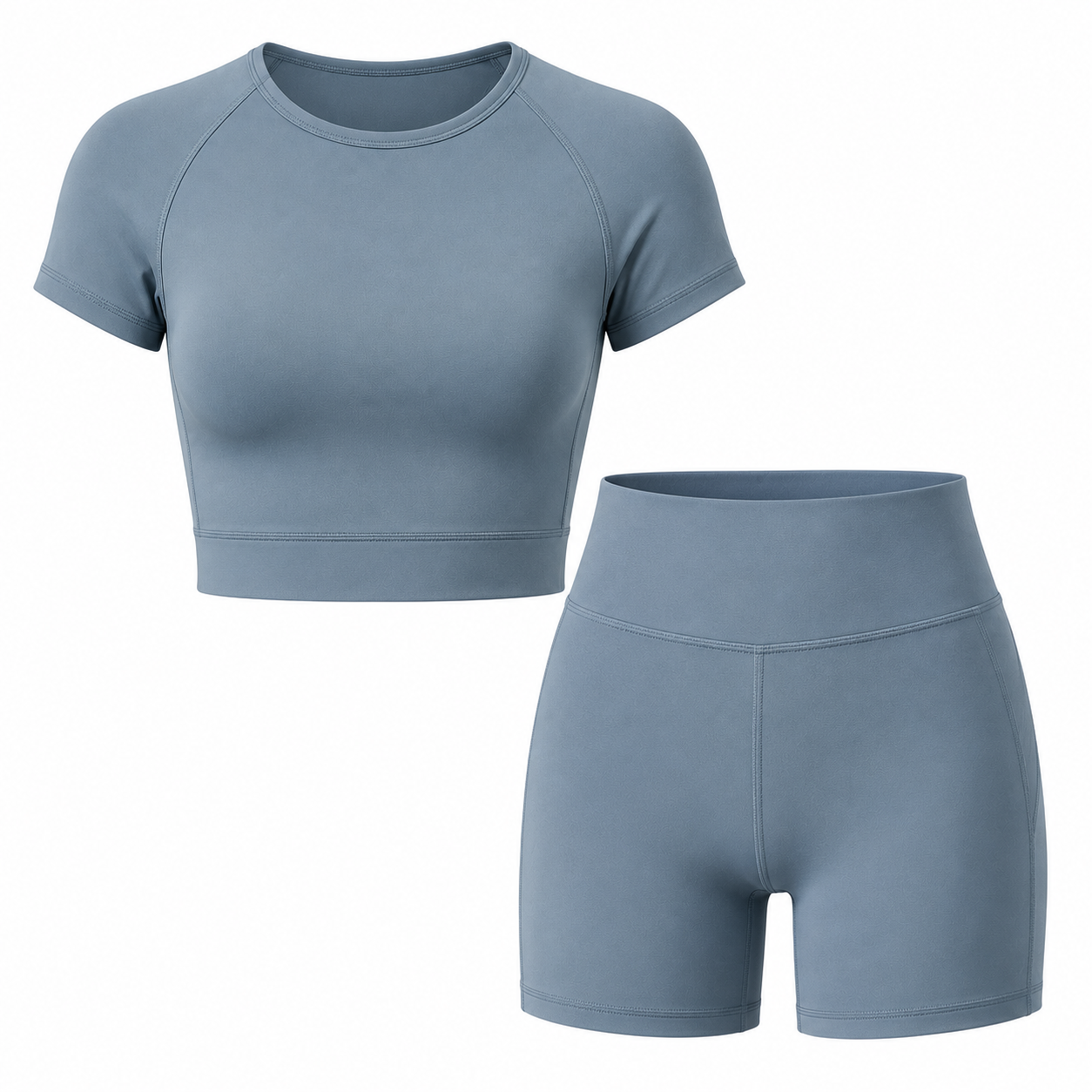 Women's blue-grey crop top and matching shorts set, custom activewear shorts and crop top set manufacturer